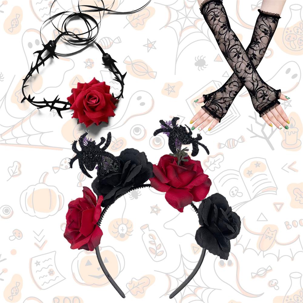 Day of The Dead Headpiece Halloween Costume Accessories Novelty Horror Gloves Set for Women