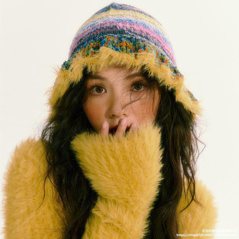 Vintage color striped oil painting wind lotus leaf edge fisherman's hat children autumn and winter warm knitted basin hat tide