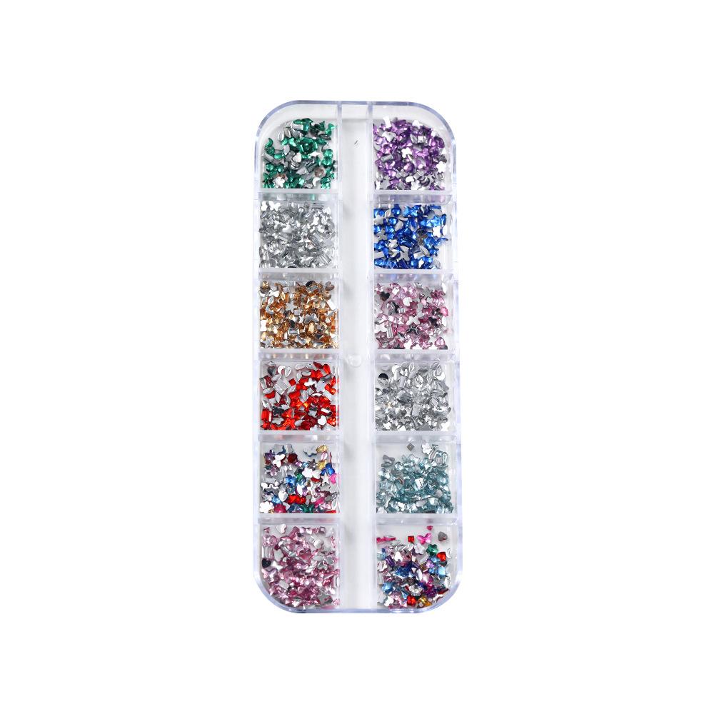 12-Grid Mini Nail Art Rhinestones, Colorful Irregular Champagne Crystals, Super Flash Flatback Nail Accessories.