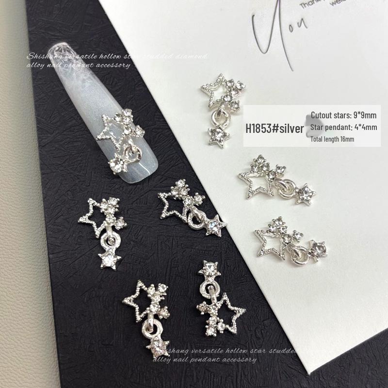 Hollow Star Pendant Nail Art Jewelry 2025: Silver Alloy Rhinestones - Trendy Internet Celebrity Style