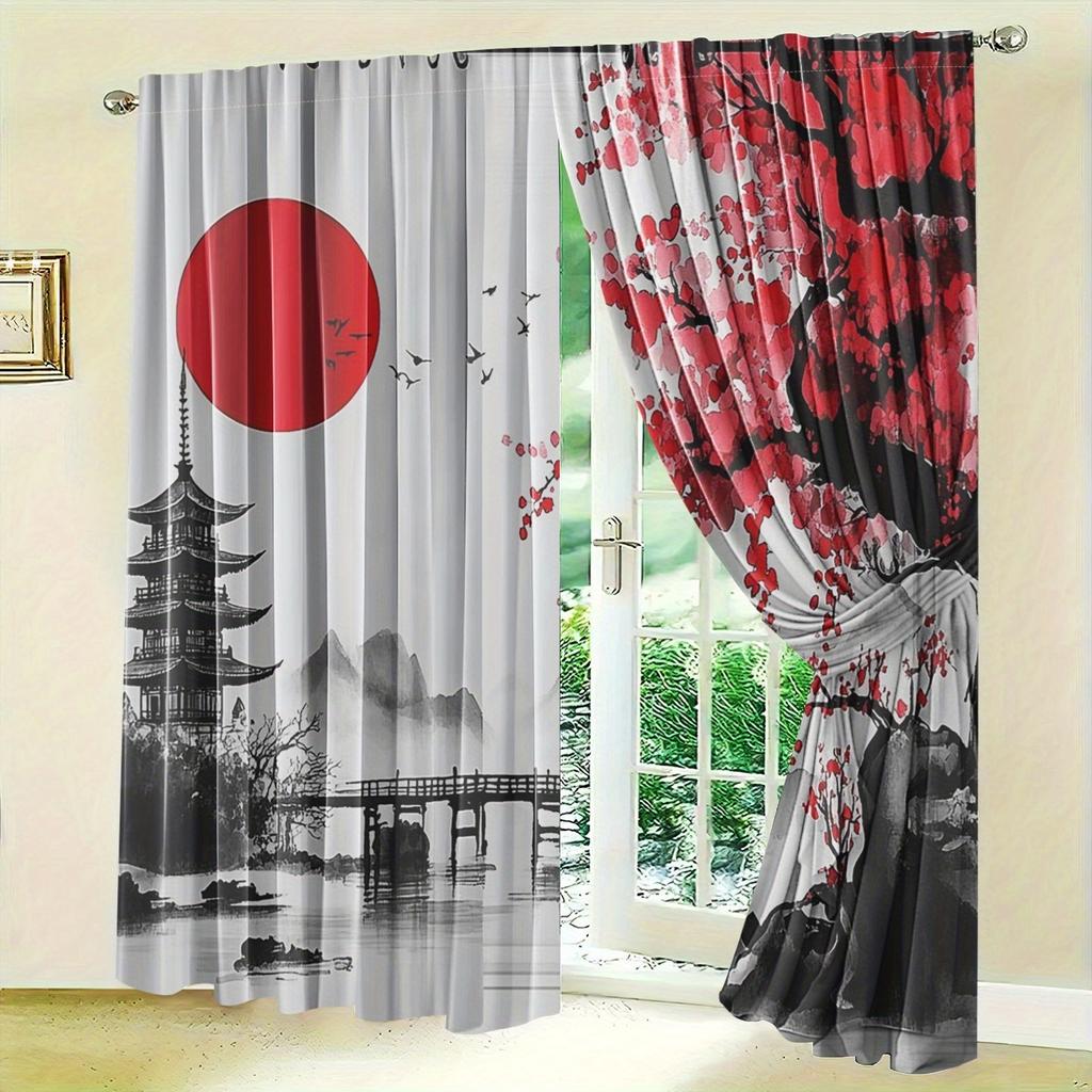 2 Pcs Classic Dark Curtains Japanese Anime Watercolor Sakura & Fuji Mountain Design for Living Room Bedroom Kitchen