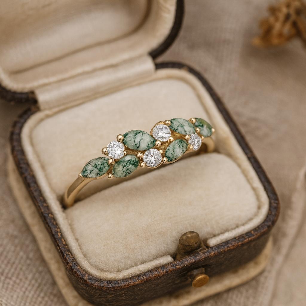 Wedding Engagement Anniversary Promise Gift – Natural Moss Agate Ring, Yellow Gold Plated Nature Inspired Green Gemstone Bridal Jewelry