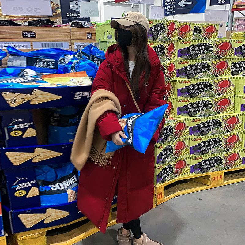 

Длинная хлопковая куртка выше колена женская 2025 зима новая пуховая хлопковая куртка корейская свободная куртка-пуховик куртка XXL красный