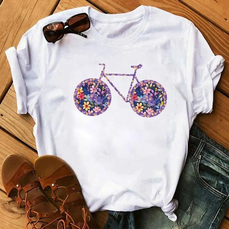 Spring Summer Ladies Floral Bicycle Pattern Fashion Cartoon Print White Letter T-shirt Woman Clothes T Shirt Tops Tee Graphic