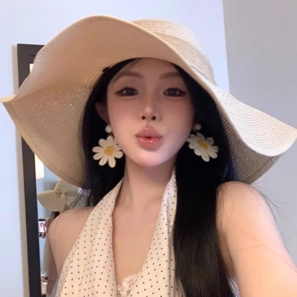 Oversize Weave Sun Cap Bowknot Ribbon Sun Protection Hat Casual Straw Sun Hat Beach