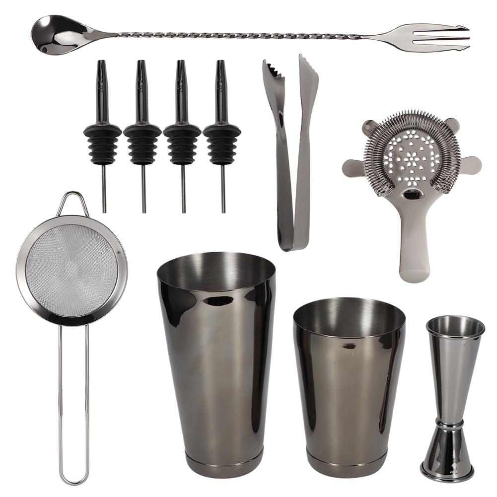 11-teiliges/Set Multifunktions-Cocktailshaker-Werkzeugset aus Edelstahl Bar Barkeeper Zubehör Schwarz