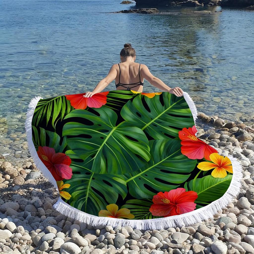 Tropical Plant Print Round Beach Towel Super Absorbent Quick Dry Microfiber Outdoor Picnic Mat Sunbathing Blanket For Travel