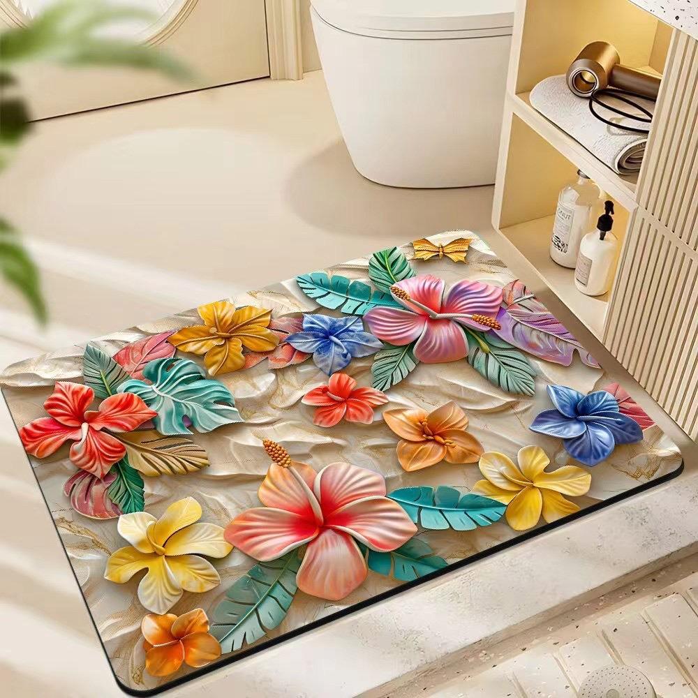 Visual 3D Floral Floor Mat Bathroom Sink Bathtub Side Absorbent Anti Slip Dirt Resistant Rug Entrance Carpet Home Decoration