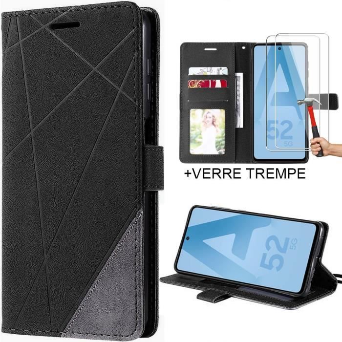 Coque pour Samsung A52 4G-5G A52s 5G + Pack 2 Verres Trempés - Coque Effet Cuir Élégant Noir