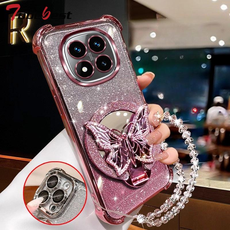Glitter Butterfly Mirror Crystal Bracelet Case For Xiaomi Redmi Note 15 15C 14 14C 13 13C 12 11 Pro Plus 4G 5G Shockproof Cover
