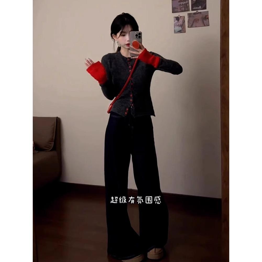 Design Button-knitted Cardigan Sweater Women's Inner 2025 Spring Slim-fitting and Thin Cuffs Contrasting Color Long-sleeved Top