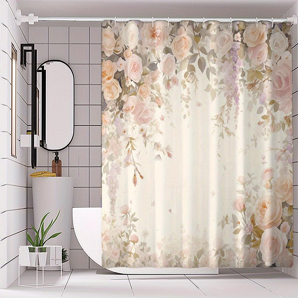 Floral Print Shower Curtain - Pink Roses & Green Leaves, Polyester, Elegant Bath Decor, Machine Washable, Easy Install