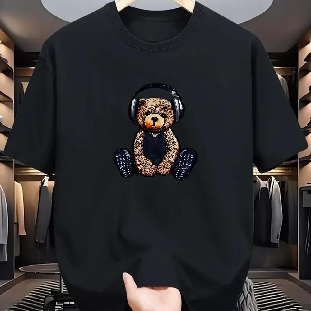 Men's Summer Cotton Fashion Casual Sports Loose Music Bear Pattern Printed Round Neck Short Sleeve T-shirt Top
