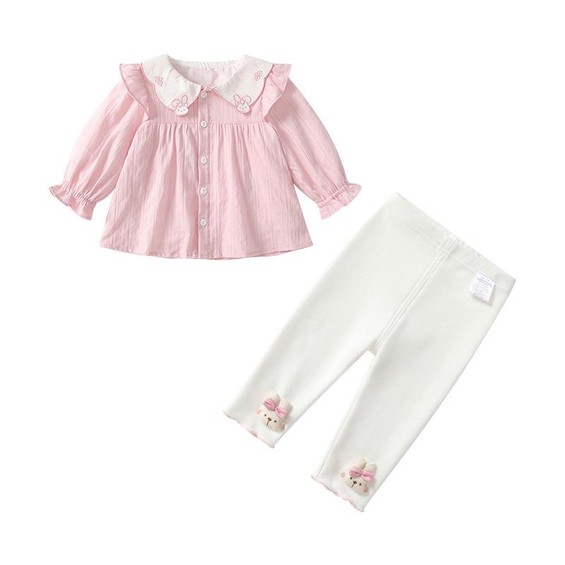 Podzimní roztomilá králičí dvoudílná sada košile s dlouhým rukávem a okvětním límečkem pro miminka a dívky