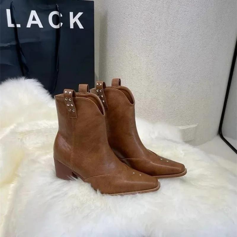 Women Western Cowboy Boots Fashion Pointed Toe Long Booties Ladies Elegant Thick Heel Shoes Winter Removable Women's Footwear