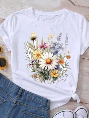 (Asian Size) Casual Watercolor Flower Trend O-neck Tee Clothing Top Short Sleeve T Shirt Fashion Print Lady Female Women Graphic T-shirts