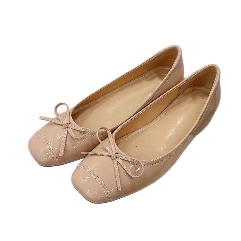 Wear small height-increasing bow shoes, light square head nude light mouth flat ballet shoes for women