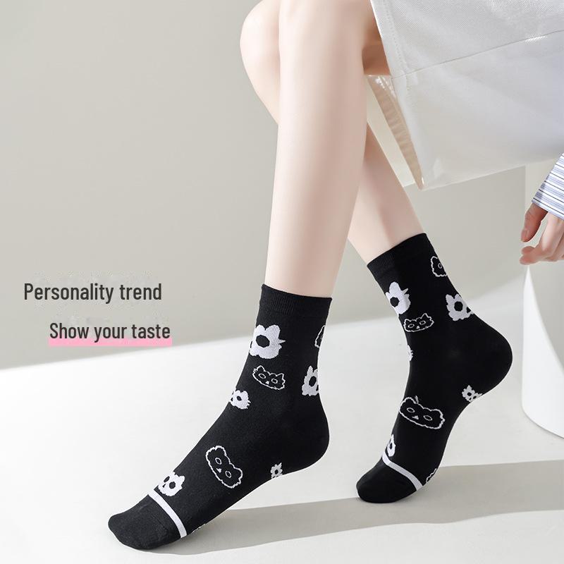 Women's Mid-Tube Lace Socks, Summer/Autumn Style, Owl Cartoon Design, Breathable and Trendy.