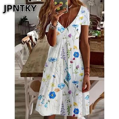 JPNTKY Moda Vestidos Casuales de Manga Corta con Cuello en V para Verano y Primavera