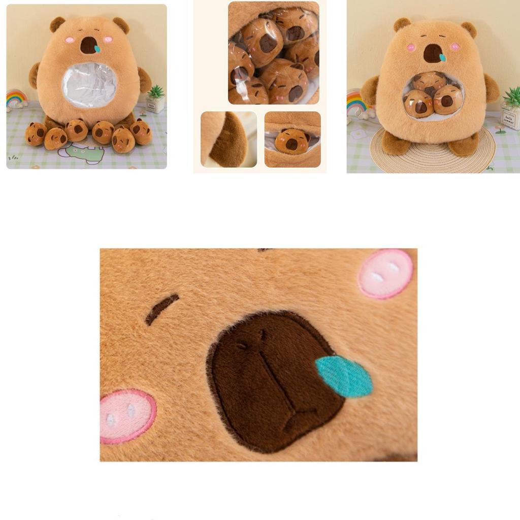 Cute Capybara Stuffed Toy Pillow Bag With Six Mini Plushies Stress-relief Dolls