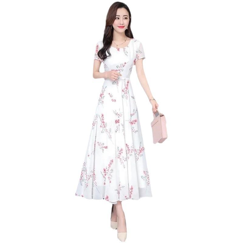 Fashion dress women's summer new floral short-sleeved medium and long skirt temperament thin and big pendulum long dress women