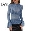 Camicie da Donna Casual Top Collo Alto Manica Lunga Svasata Vestibilità Aderente Camicia Colore Unico Trasparente Ricamo Intrecciato Motivo Floreale Camicette
