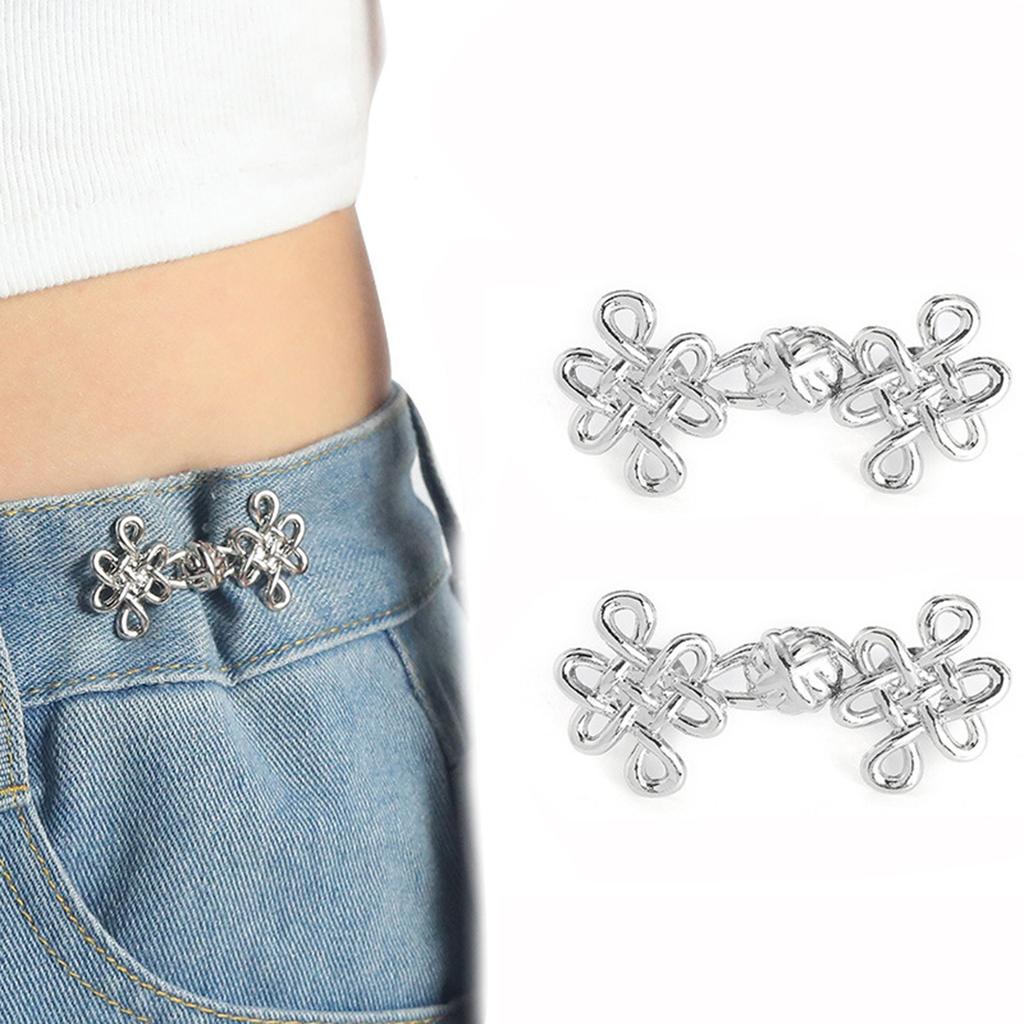 2Piece Jeans Waist Tightener Adjuster Kit, Effortless No Sew Tightening, Silver Adjustable Buttons Fit On Loose Jeans & Pants