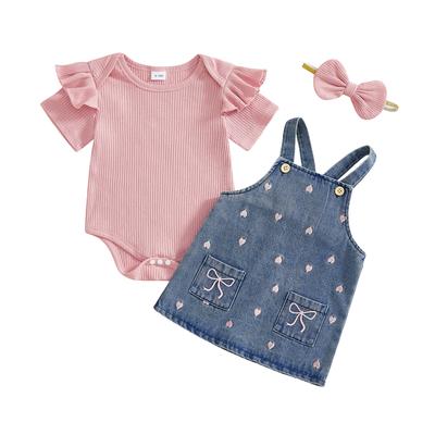 3Pcs Girl Valentine S Outfit Ruffle Short Sleeve Crew Neck Romper Heart Overall Dress and Headband Set