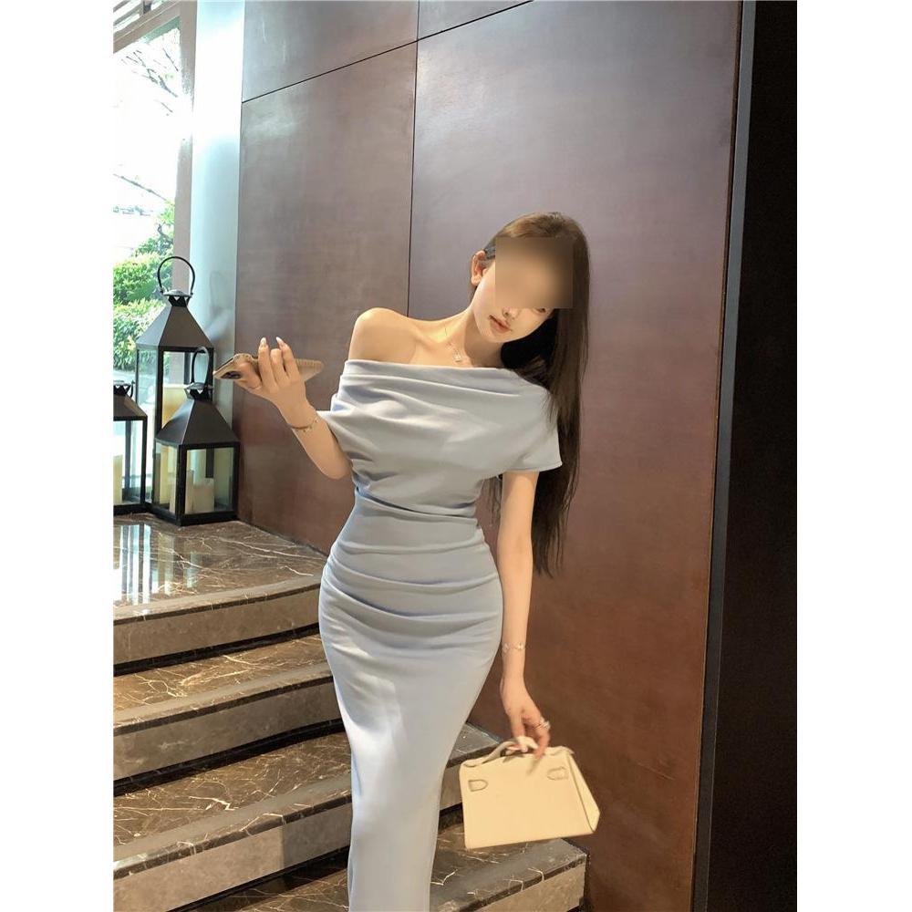 Girl's One-word Shoulder Temperament Slim Waist Hip Dress Women's Casual Style New Summer Niche High-end Dress
