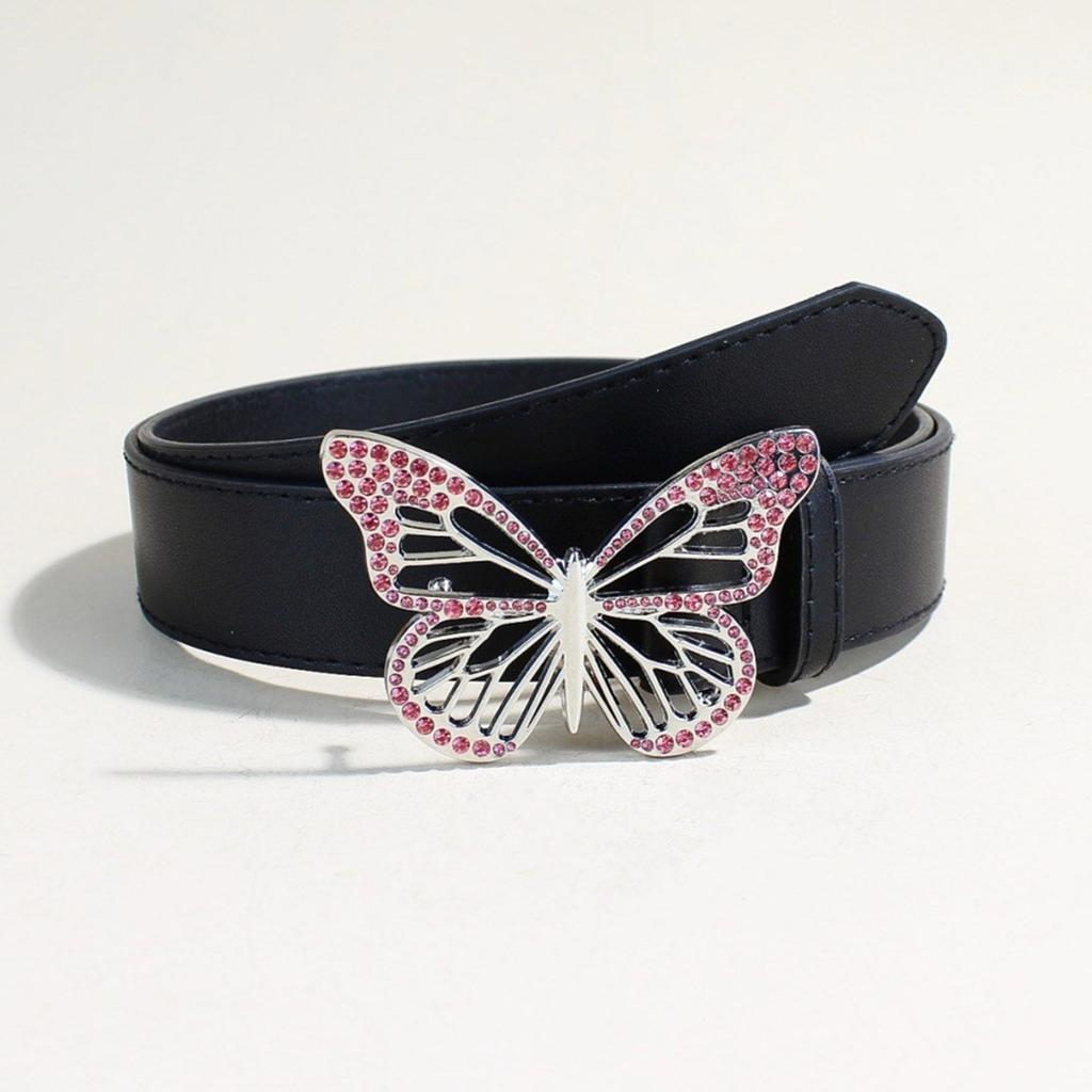 Elegant PU Leather Waist Belt Waist Ornament Decorative Sash Feature Rhinestone Butterfly Buckle for Fashion Women