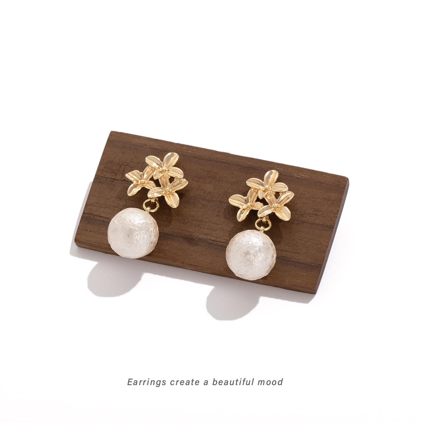 2026 High-End Gold Flower Pearl Dangle Earrings for Women - French Retro Style with Elegant Coil Clips