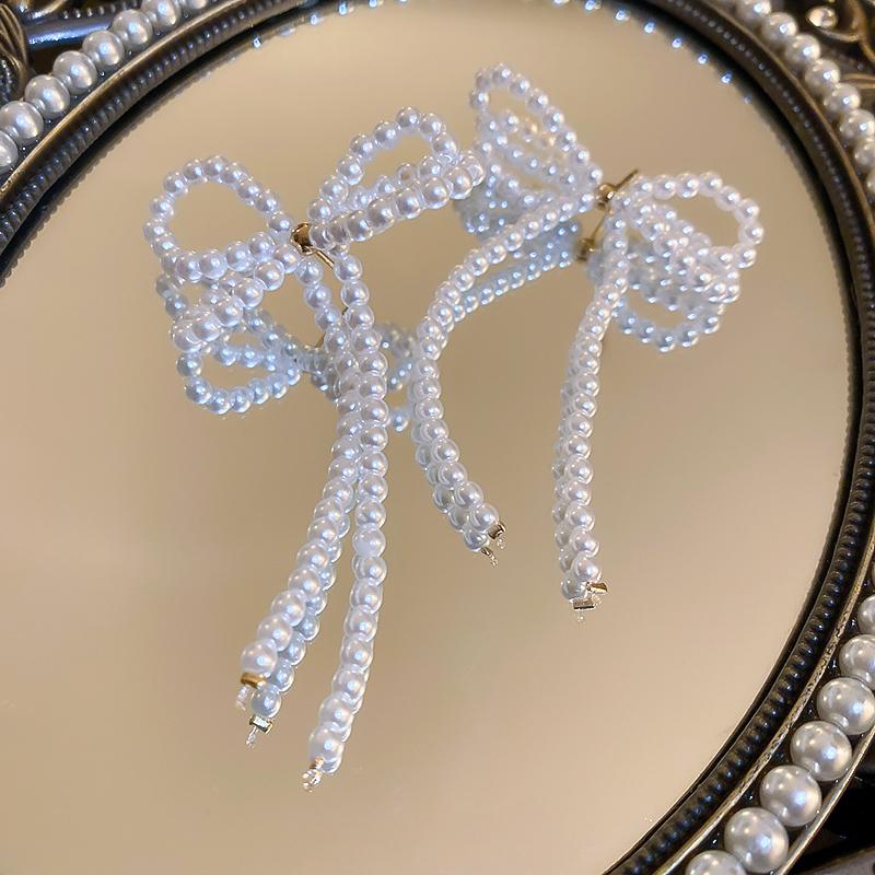 Witte Strik Imitatie Parels Kwastje Hangende Oorbellen voor Vrouwen Temperament Veelzijdige Mode Oorbel Elegante Sieraden Groothandel