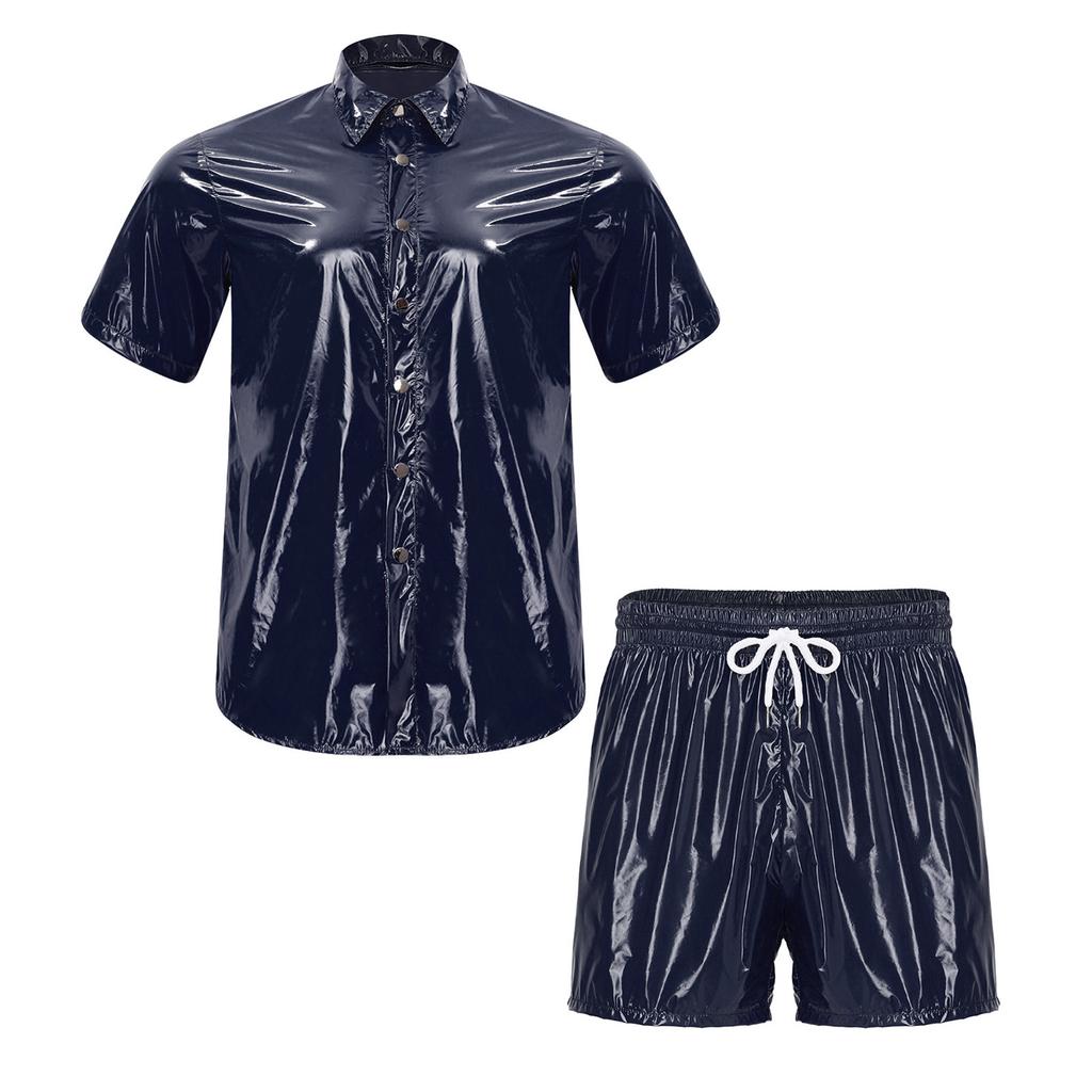 S-3XL Men Waterproof Training Outfit Short Sleeve Front Button Collared T-Shirt and Elastic Waistband Built-in Boxer Briefs for Wrestling Swim Gym