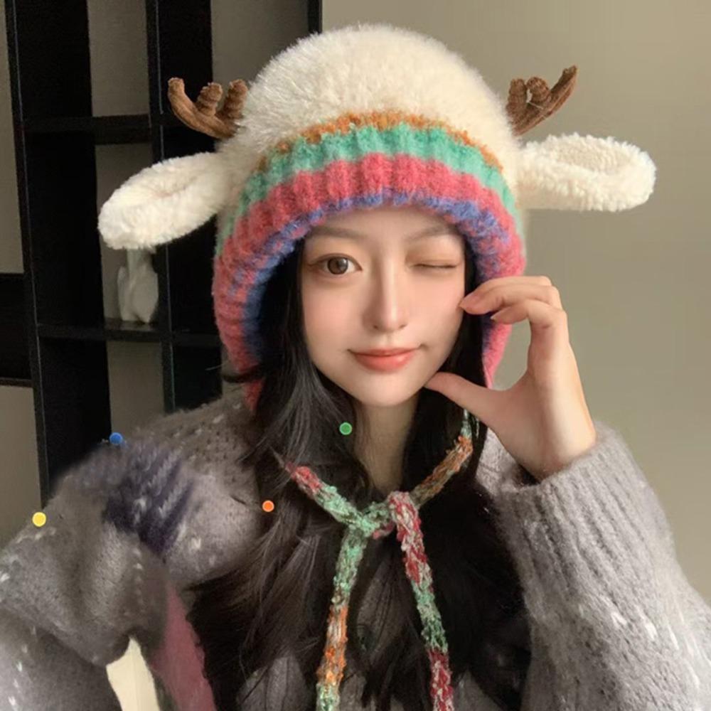 Plush Fur Knitted Deer Antler Hat Windproof Festival Christmas Antler Hat New Ear Flap Hat  Outdoor