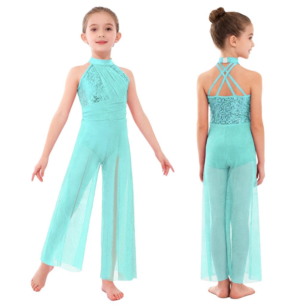 Kinder Mädchen Lyrischer Tanz Jumpsuit: Ärmelloser Rollkragen-Bodysuit mit überkreuzten Trägern am Rücken, Glitzernden Pailletten und Schimmerndem Netz-Stoff, Weiter Beinschnitt