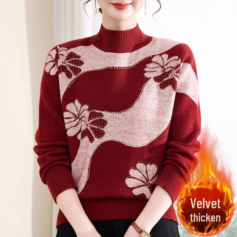 

Stylish Half-High Collar Sweater with Plus Velvet for Middle-Aged and Elderly Women - Autumn/Winter Base Layer Pullover Knit Top 3XL (suggested 120-130 jin)