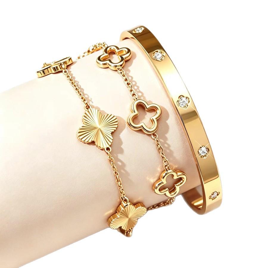 Four-Leaf Clover Diamond-Inlaid Stainless Steel Bracelet Set for Women