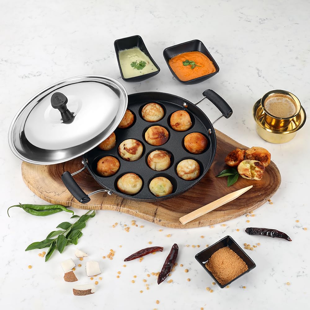 CELLO Non Stick Appam Patra Pan For Quick Healthy Cooking With 12 Cavity And Steel Lid Easy Clean Gold Black Design