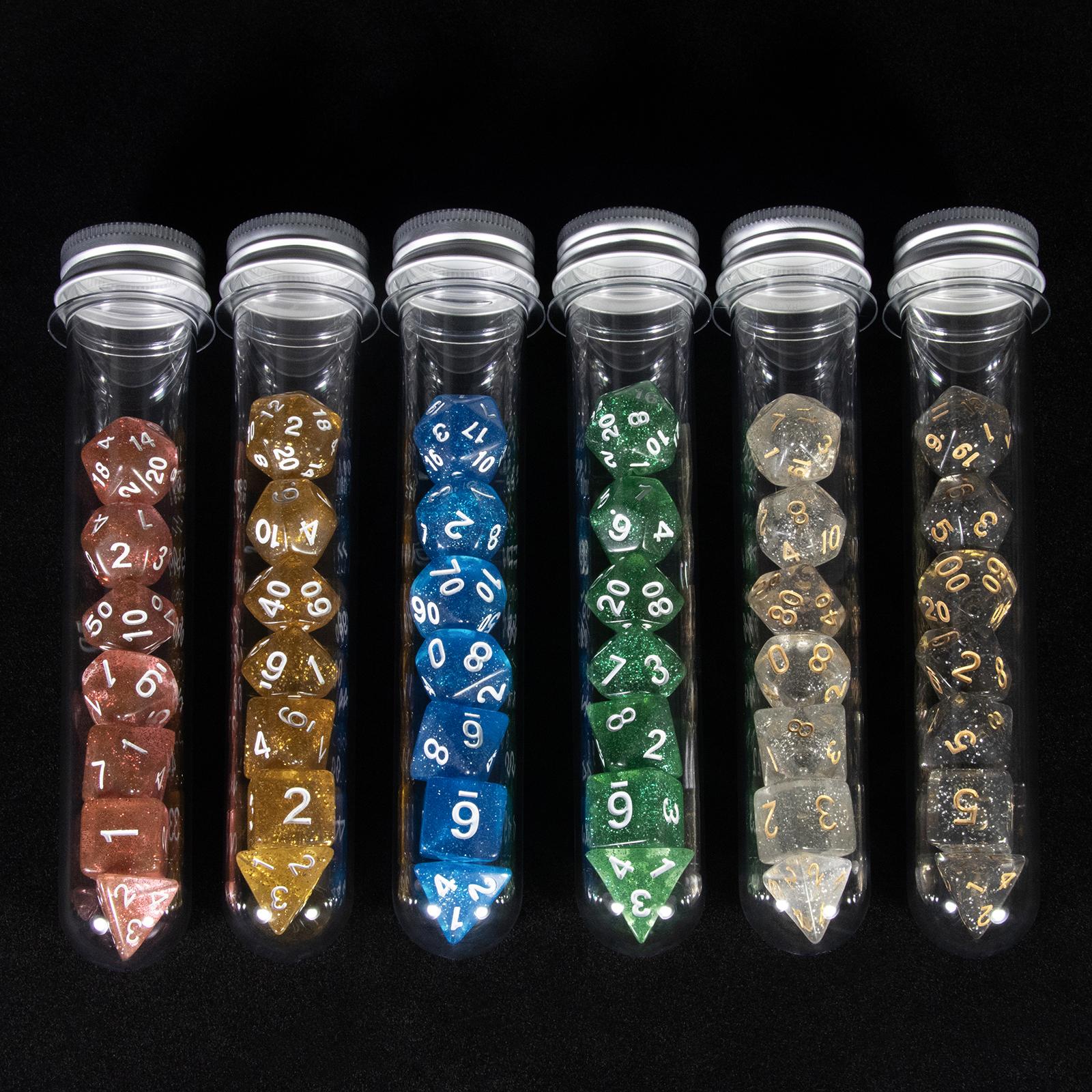 

DND Polyhedral Dice Set Transparent with Glitter Digital Dice for Table Board Roll Playing Games 7pcs Dice with Tube Silver white