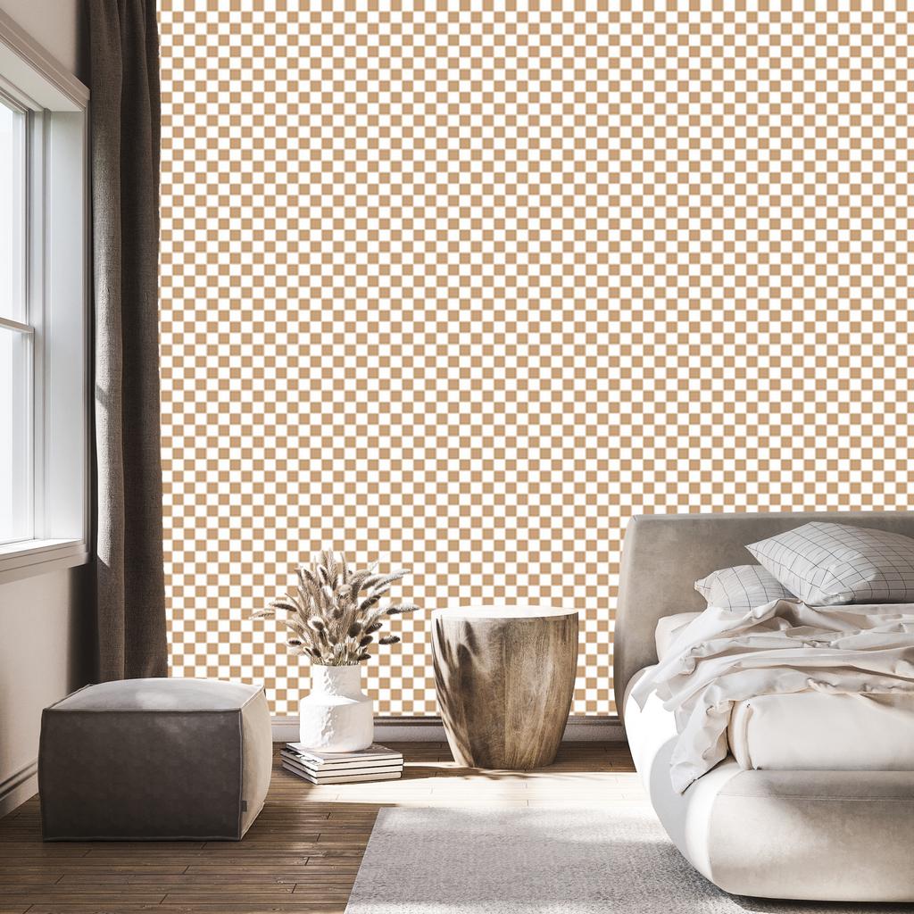 Checkerboard wallpaper cream, white, beige and gold 50x1000
