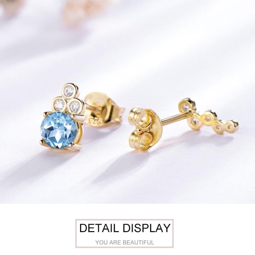 Unique Sky Blue Topaz White Round AAA Cubic Zircon Yellow Gold Plated 925 Sterling Silver Stud Earrings