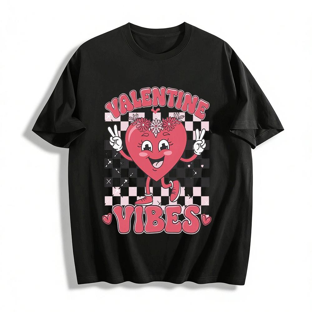 Valentine Vibes Retro Heart Checkerboard Print Casual Top Pure cotton T-shirt XXS