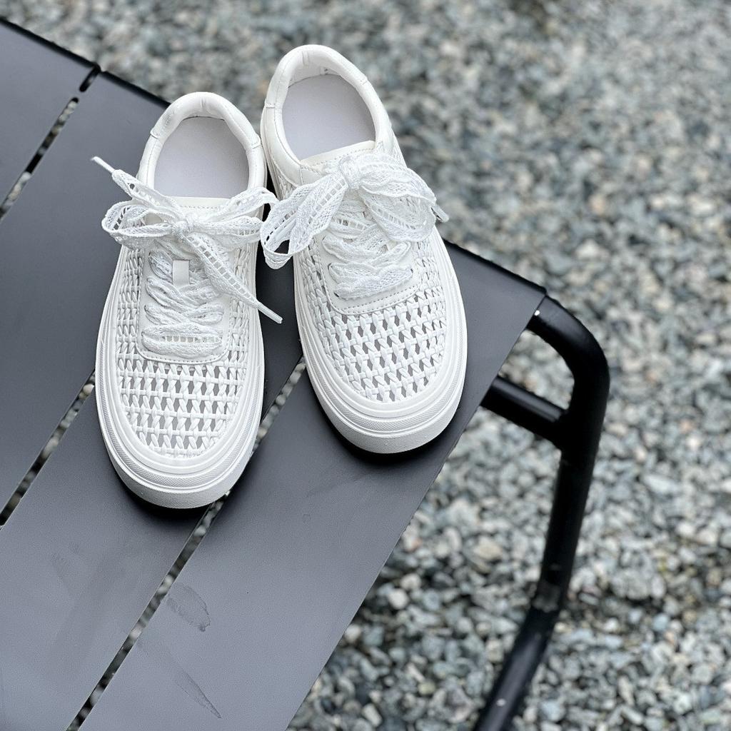 Platform white shoes women's 2025 new summer lace belt leather woven hollow breathable casual shoes sports board shoes