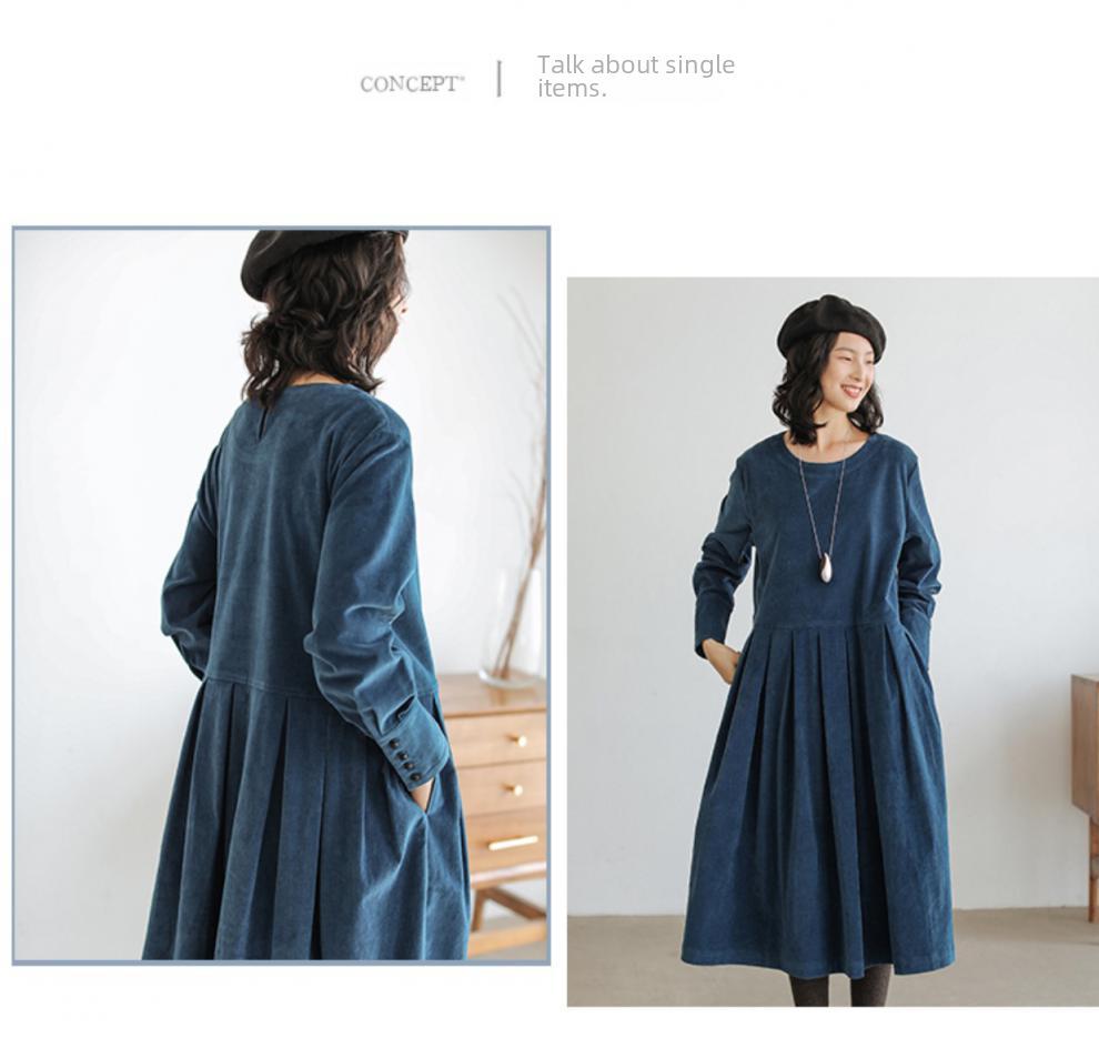 Autumn 2021 Japanese-Korean Corduroy Literary Dress - Women's Long-Sleeve Midi Skirt