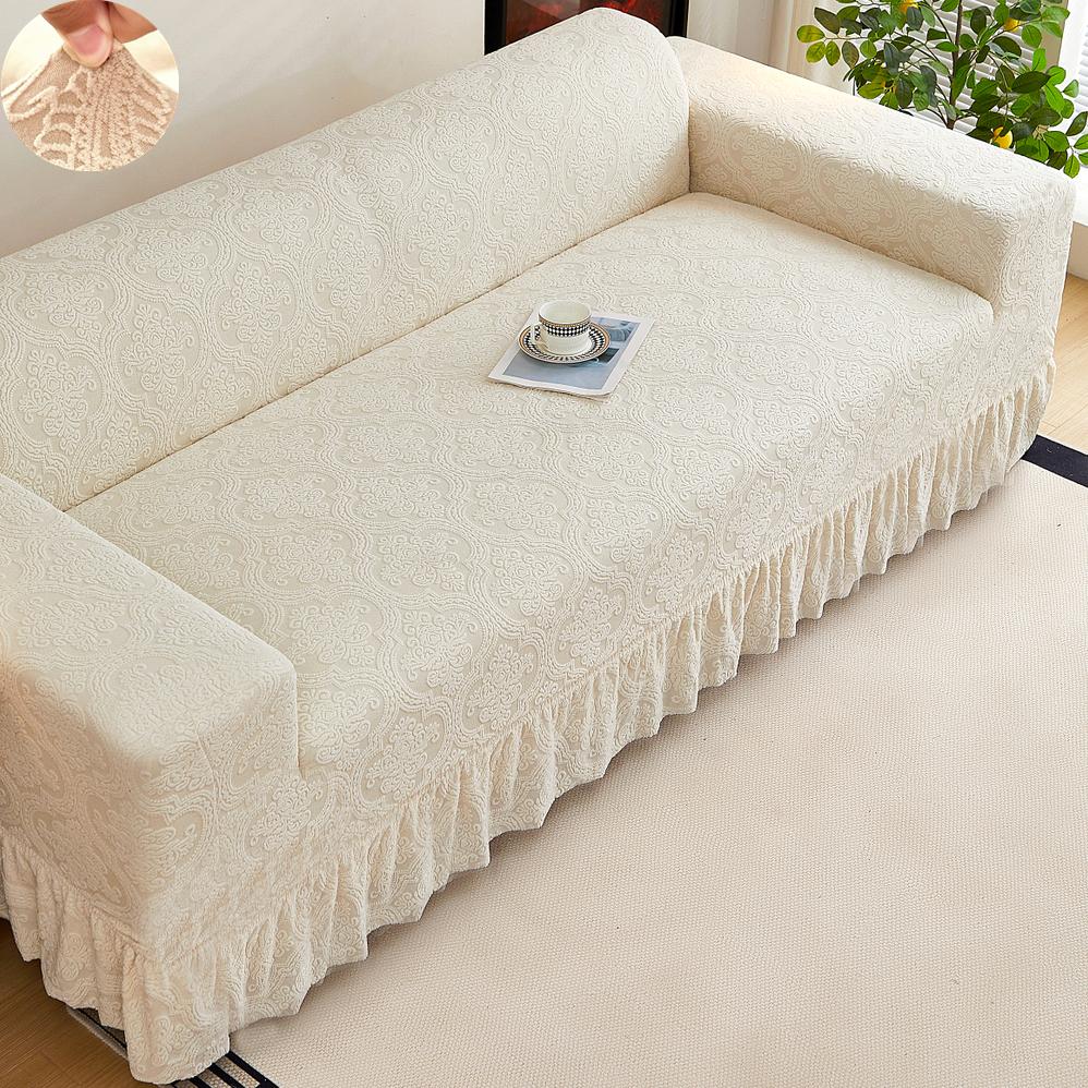 Non-slip Stretch Couch Cover 1/2/3/4 Seater Jacquard Solid Color Sofa Cover With Skirt for Bedroom Office Living Room Home Decor