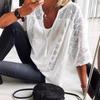Women's V Neck Three Quarter Sleeve Loose Cotton Lace Patch Casual Blouse Top