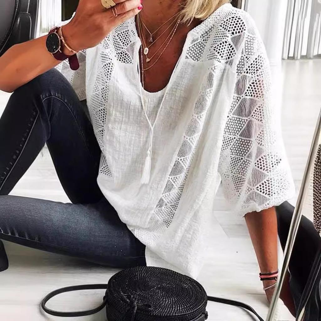 Women's V Neck Three Quarter Sleeve Loose Cotton Lace Patch Casual Blouse Top