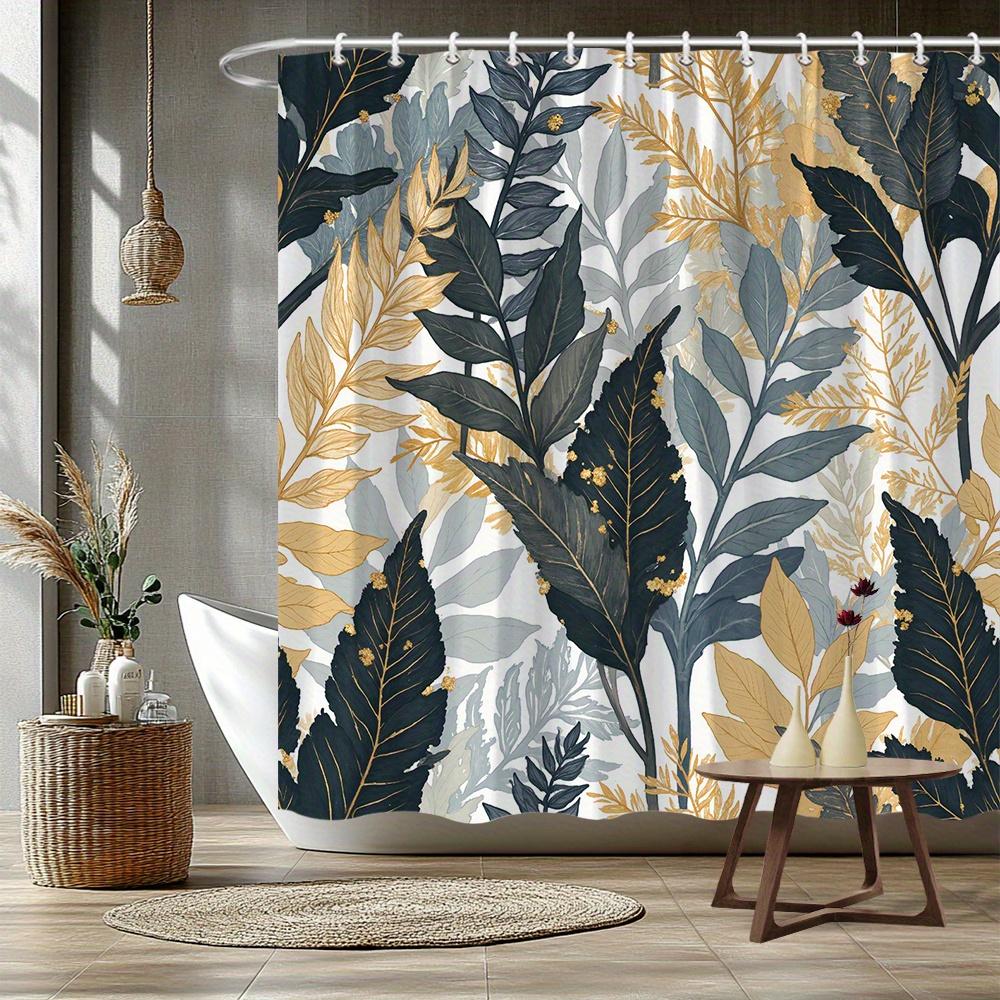 1pc Dark Green Shower Curtain with Gold Leaf Pattern, Made of Polyester Fabric, Machine Washable, Suitable for Bathroom Décor.