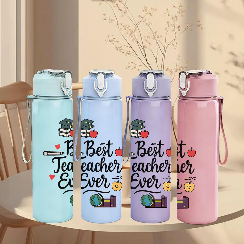 1PC Best Teacher Ever Floral Wreath Text 750ml Color Plastic Water Bottle Leakproof Flip Straw Lid For Sports Office Home Use