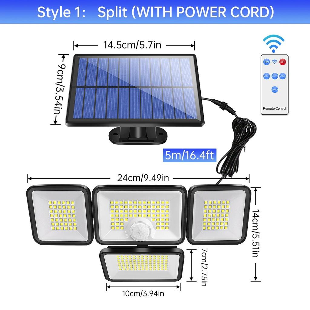 Solar Lights for Outside 247 LED IP65 Waterproof 800lm Solar Wall Lamp with Remote Control 4 Heads Solar Flood Street Light